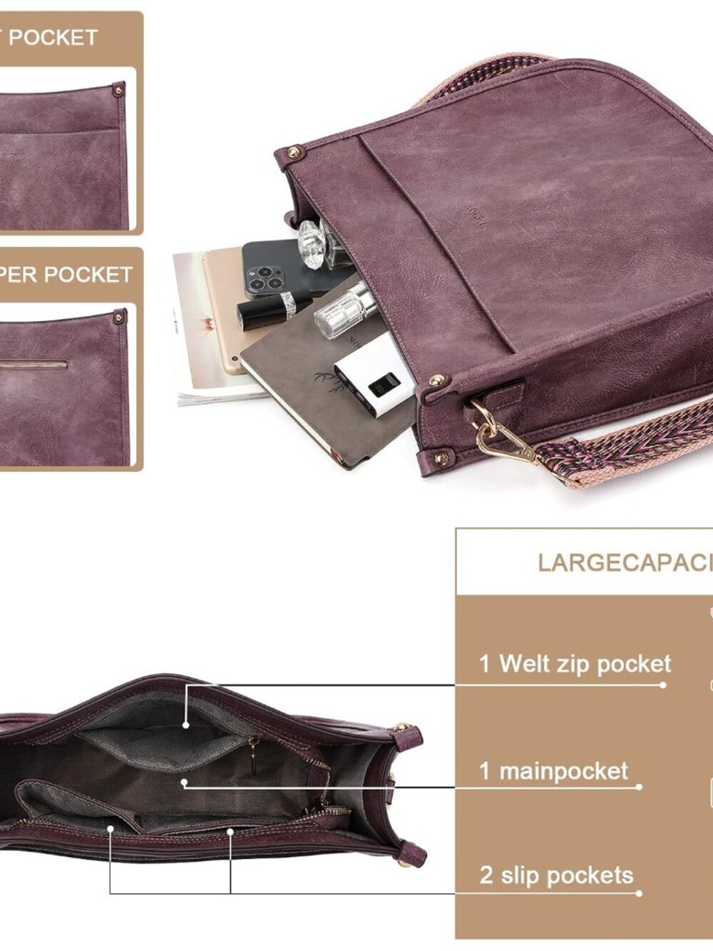 Crossbody Bags for Women Trendy Vegan Leather Hobo Handbags With 2PCS Adjustable - Picture 4 of 8